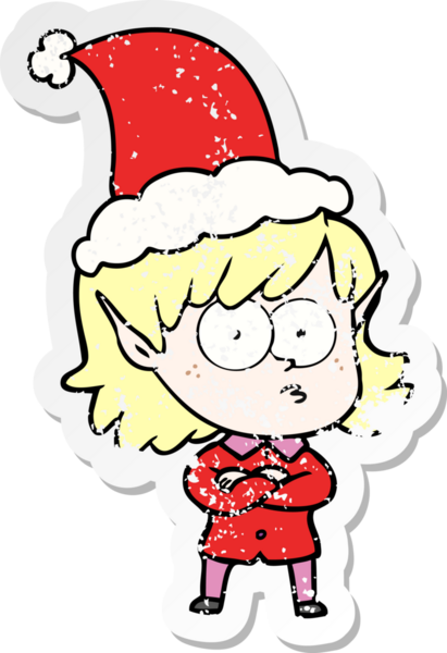 Bir insan tarafından çizilmiş Noel Baba şapkası takan bir elf kızı çizilmiş.