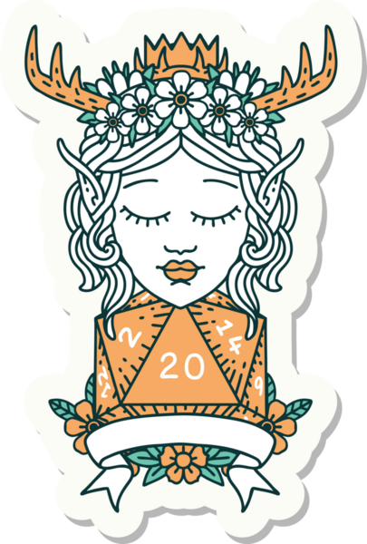 Bir insan tarafından çizilmiş doğal 20 zarlı Elf Druid karakterinin çıkartması.