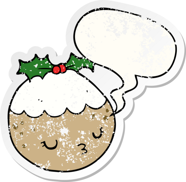 Güzel bir çizgi film pudingi, konuşma baloncuğu ve bir insan tarafından çizilmiş sıkıntılı eski bir çıkartma.