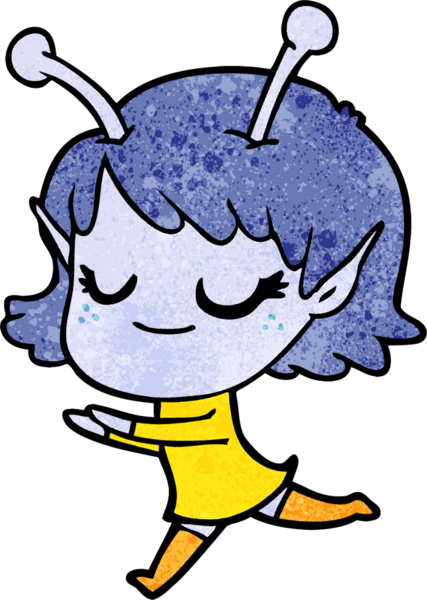 Bir insan tarafından çizilmiş gülümseyen uzaylı kız çizgi filmi.