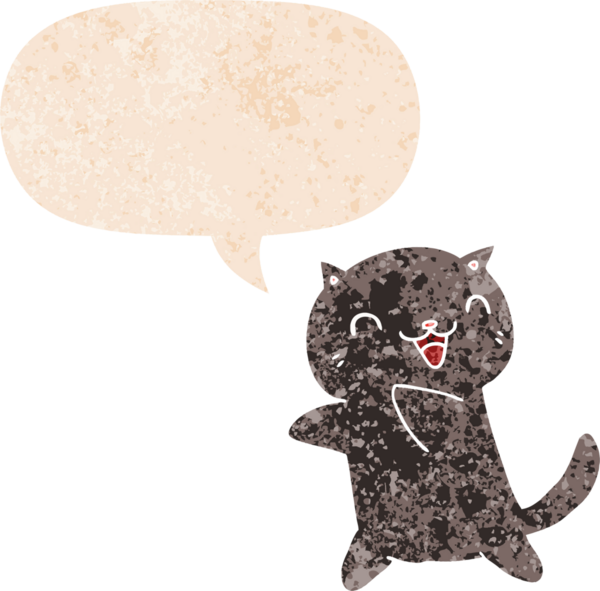 grunge 'da konuşma balonu olan çizgi film kedisi bir insan tarafından çizilmiş dertli retro desenli