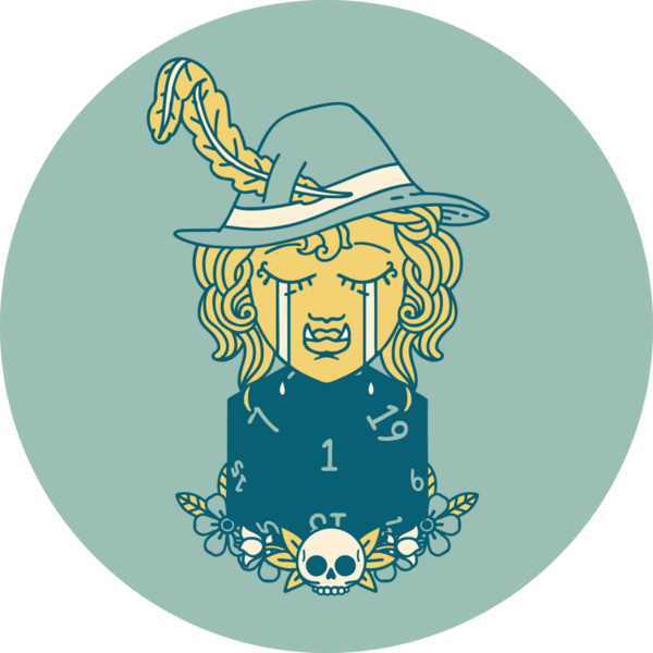 Retro Dövme Biçimi Ağlayan Ozan Ozan Karakteri Bir insan tarafından çizilmiş doğal bir D20 rulosu