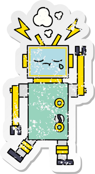 Bir insan tarafından çizilmiş sevimli bir robot çizgi film çıkartması.
