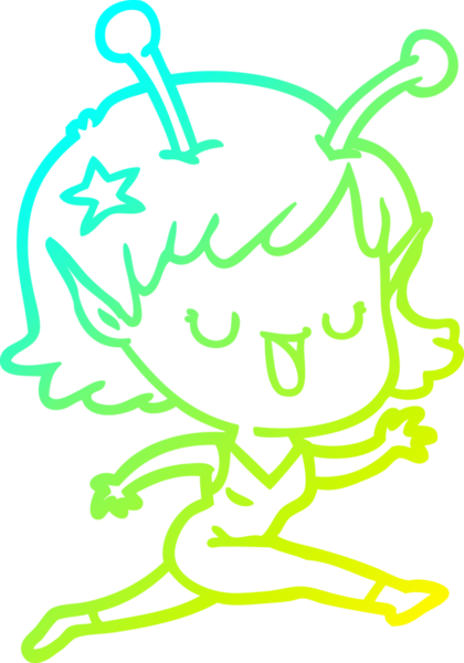 Bir insan tarafından çizilmiş mutlu uzaylı kız çizgi filminin soğuk gradyan çizimi.