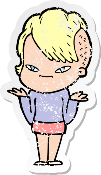 Hipster saç kesimi bir insan tarafından çizilmiş tatlı bir çizgi film kızına ait sıkıntılı bir etiket.