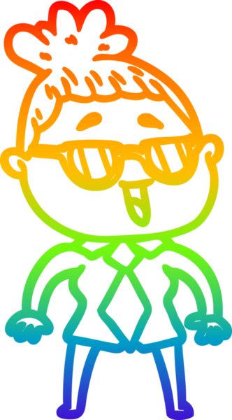 Bir insan tarafından çizilmiş gözlük takan mutlu bir kadının çizgi çizimi.