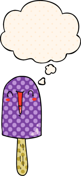 Çizgi roman tarzında bir insan tarafından çizilmiş düşünce balonlu mutlu buz lolipopu.