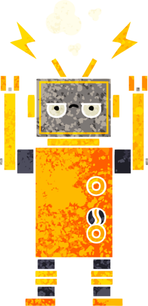 Bir insan tarafından çizilmiş arızalı bir robotun retro çizim tarzı karikatürü
