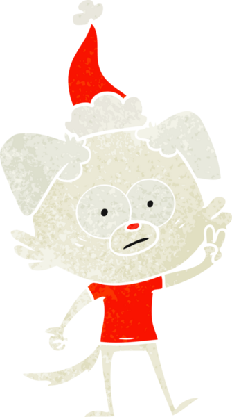 Bir insan tarafından çizilmiş Noel Baba şapkası giyen tişörtlü gergin bir köpek.