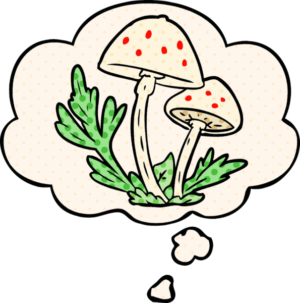 Çizgi roman tarzında bir insan tarafından çizilmiş düşünce baloncuklu mantarlar.