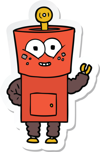 Bir insan tarafından çizilmiş mutlu bir robot robot el sallıyor.