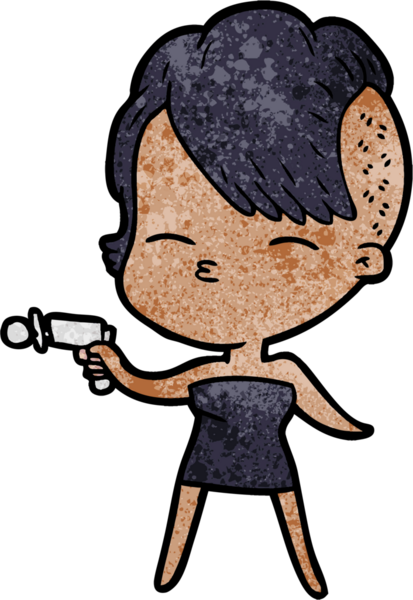 Çizgi film şaşı kız bir insan tarafından çekilen ışın tabancasını işaret ediyor.