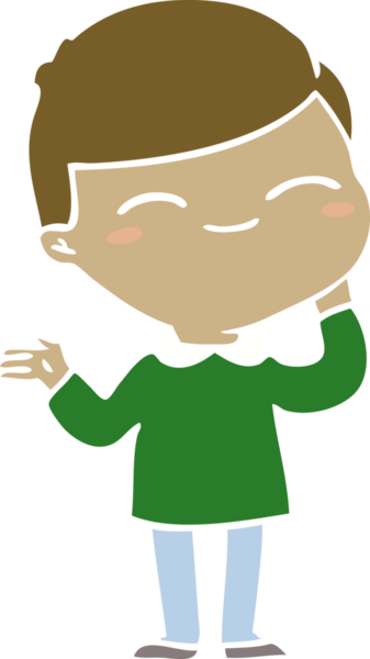 Düz renkli çizgi film, utangaç, gülen çocuk bir insan tarafından çizilmiş.