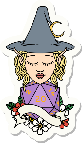 Bir insan tarafından çizilmiş doğal yirmi zarlı elf büyücü karakterinin çıkartması.