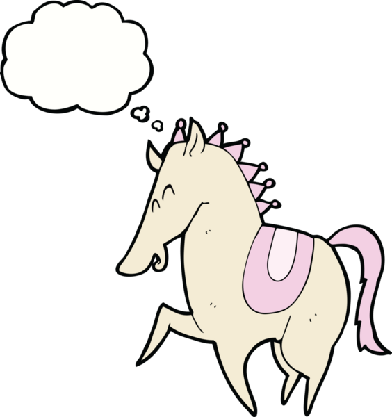 Bir insan tarafından çizilmiş düşünce baloncuklu hoplayıp zıplayan at.