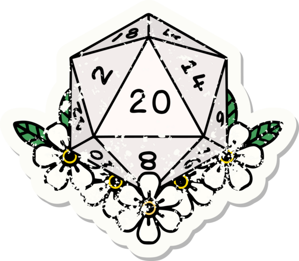 Bir insan tarafından çizilmiş çiçek elementleriyle 20 D20 zarının grunge sticker 'ı.