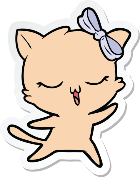 Bir insan tarafından çizilmiş kafasında yay olan dans eden bir kedinin çıkartması.