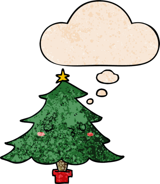 Bir insan tarafından çizilmiş grunge desenli düşünce baloncuğu olan şirin bir çizgi film Noel ağacı.