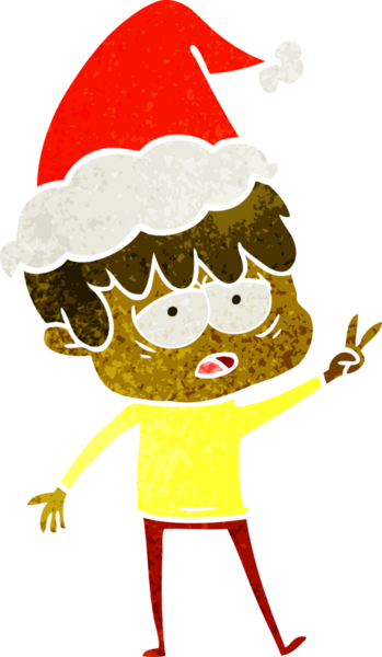 Bir insan tarafından çizilmiş Noel Baba şapkası giymiş yorgun bir çocuğun el çizimi karikatürü.