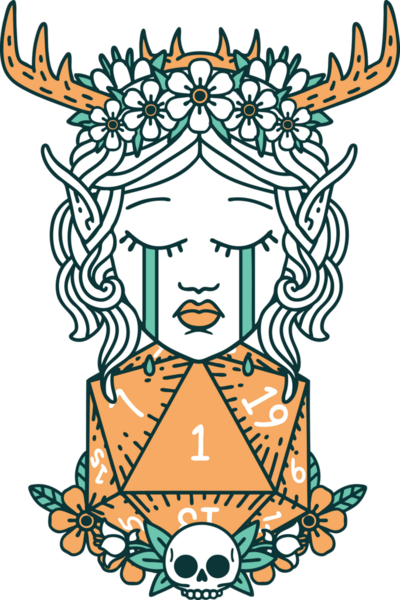 Retro Dövme Tarzı Ağlayan Elf Druid karakteri suratı Bir insan tarafından çizilmiş doğal bir D20 ruloyla