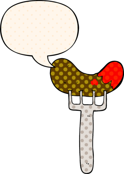 Çizgi roman tarzında bir insan tarafından çizilmiş, çatallı sosis ve konuşma balonu.