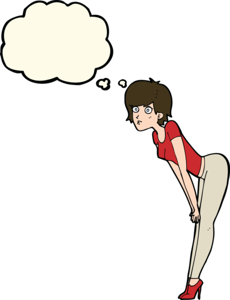 Bir insan tarafından çizilmiş düşünce baloncuğu olan bir şeye bakan çizgi film kadını.