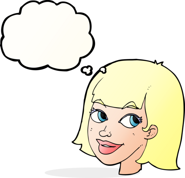 Bir insan tarafından çizilmiş düşünce baloncuklu mutlu kadın yüzü.