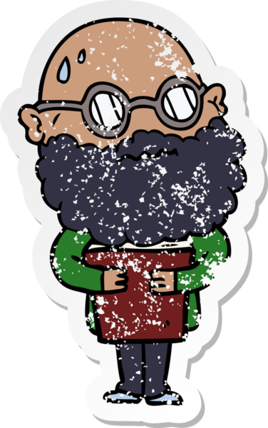 Bir insan tarafından çizilmiş sakallı ve gözlüklü endişeli bir karikatür çıkartması.