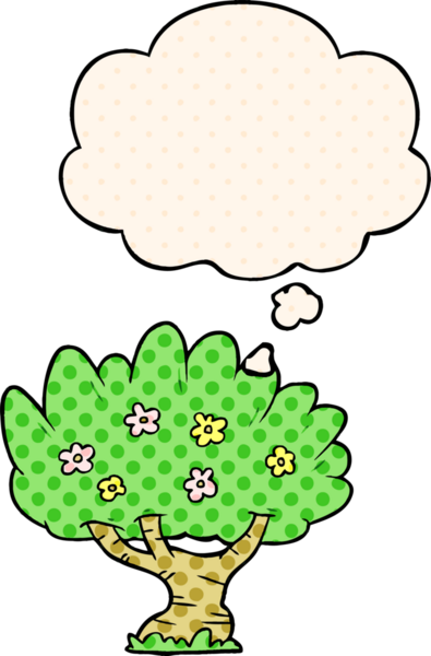 Çizgi roman tarzında bir insan tarafından çizilmiş düşünce baloncuğu olan çizgi film ağacı