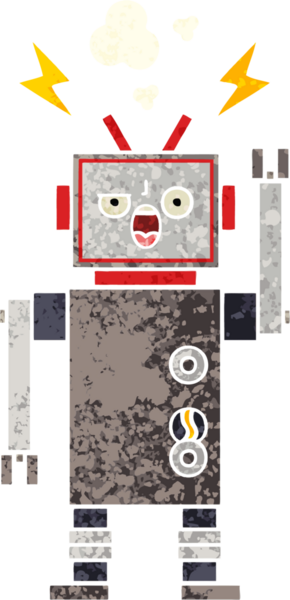 Bir insan tarafından çizilmiş bozulmuş bir robotun retro çizim tarzı karikatürü