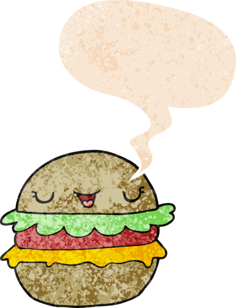 Bir insan tarafından çizilmiş grunge ile konuşma baloncuklu çizgi film burgeri sıkıntılı retro tarzı