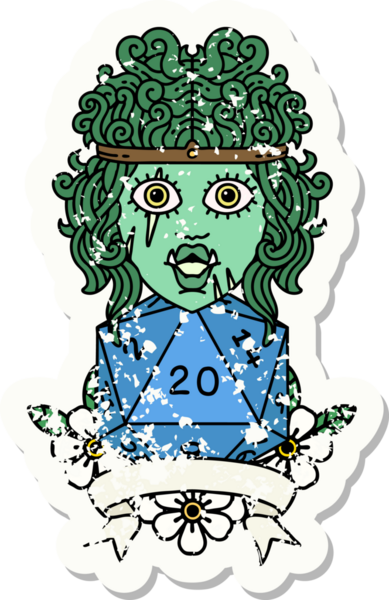 Bir insan tarafından çizilmiş doğal 20 zarlı yarım ork barbar karakterin grunge sticker 'ı.