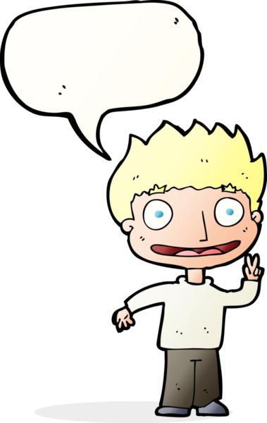 Bir insan tarafından çizilmiş konuşma balonu olan mutlu bir çocuk.