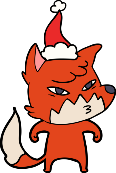 Bir insan tarafından çizilmiş Noel Baba şapkası takan bir tilkinin çizimi.