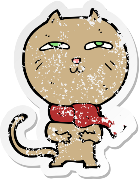 Bir insan tarafından çizilmiş eşarp takan komik bir kedinin gerilimli retro yapıştırması