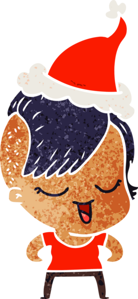 Bir insan tarafından çizilmiş Noel Baba şapkası takan bir kızın mutlu el çizimi karikatürü.