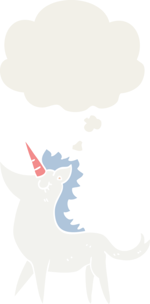 Düşünce baloncuğu olan tek boynuzlu at bir insan tarafından çizilmiş.