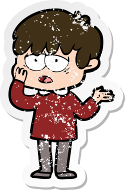 Bir insan tarafından çizilmiş bitkin bir çizgi film karakterinin sıkıntılı çıkartması.