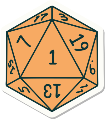 Bir insan tarafından çizilmiş doğal 1 D20 zar etiketi.