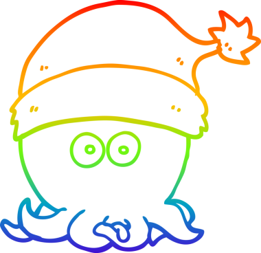 Gökkuşağı gradyan çizgi çizimi bir insan tarafından çizilmiş noel şapkası giyen ahtapot çizgi filmi.