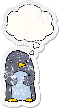 Düşünce baloncuğu olan karikatür pengueni insan tarafından çizilmiş yıpranmış bir çıkartma.