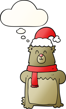 Düşünce baloncuklu noel şapkası takan çizgi film ayısı bir insan tarafından çizilmiş.