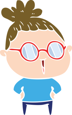 Düz renkli karikatür kadın bir insan tarafından çizilmiş gözlük giyiyor.