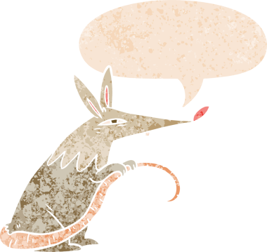 Konuşma baloncuğu olan çizgi film faresi bir insan tarafından çizilmiş dertli retro desenli