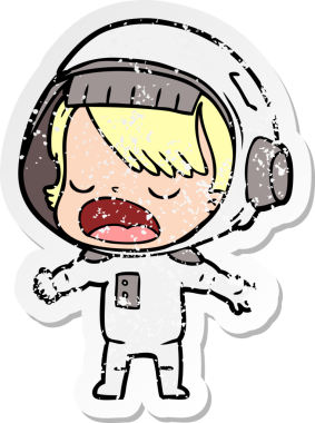 Bir insan tarafından çizilmiş sıkıntılı bir karikatür çıkartması konuşan astronot.