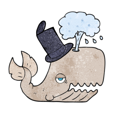 El yapımı karikatür balinası bir insan tarafından çizilmiş su püskürtüyor.