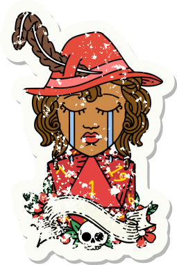 Retro Dövme Tarzı Ağlayan İnsan Druid karakteri Bir insan tarafından çizilmiş doğal bir D20 ruloyla