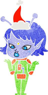 Bir insan tarafından çizilmiş Noel Baba şapkası giyen uzaylı bir kızın güzel el çizimi karikatürü.