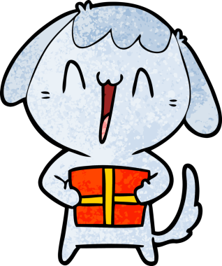 Bir insan tarafından çizilmiş Noel hediyesi olan sevimli bir çizgi film köpeği.