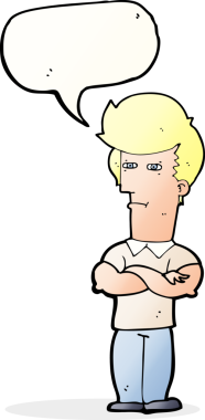 Bir insan tarafından çizilmiş, kolları katlanmış, konuşma balonu olan çizgi film adamı.